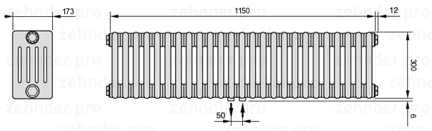 Схема (чертеж) Радиатор Zehnder Charleston 5030/25 №5410 Белый глянцевый RAL 9016